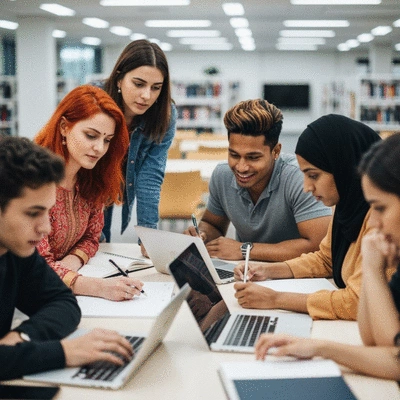 Diverse group of students collaborating on a project in a modern university setting