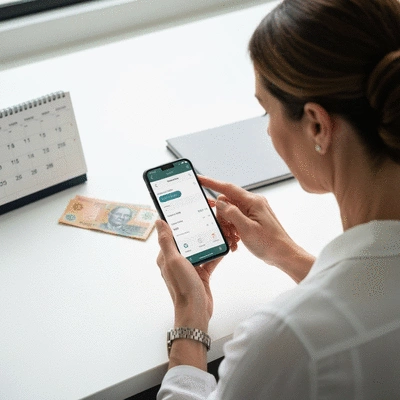 Person using a budgeting app on a smartphone, with Australian currency and a calendar in the background, no text, no words, no typography, clean image