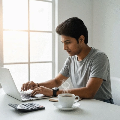 International student in Australia reviewing monthly budget on a laptop, with a calculator and coffee on the table, no text, no words, no typography, clean image
