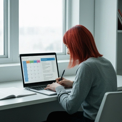 International student planning study schedule on a laptop with a calendar and notes around, bright and clean environment