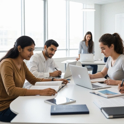 Diverse group of international students collaborating and using university support resources, bright and clean environment