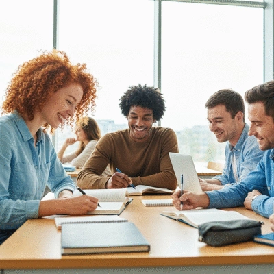 Diverse group of international students studying together in a modern university library, smiling and engaged, with textbooks and laptops on tables