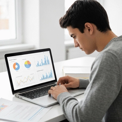 Student comparing university courses on a laptop, with graphs and charts on screen