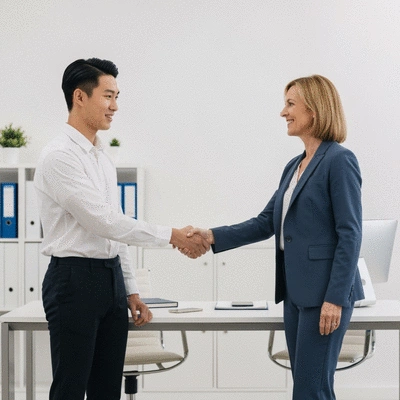 Two people shaking hands, symbolizing trust and partnership