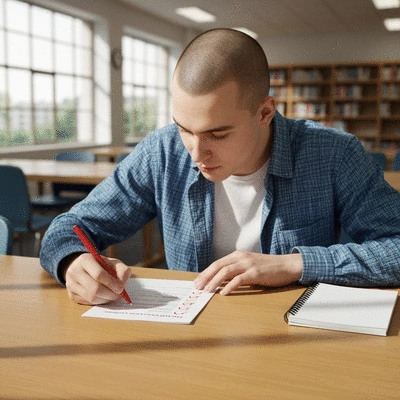Student making a checklist for university course comparison, with a pen and notepad
