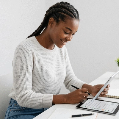 Student happily checking off items on a digital checklist for university application, clean desk environment