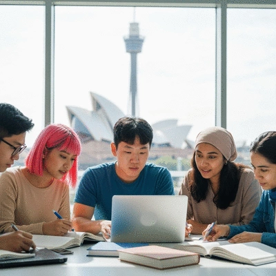 Diverse group of international students studying together on a modern university campus, with a subtle Australian landmark in the background.