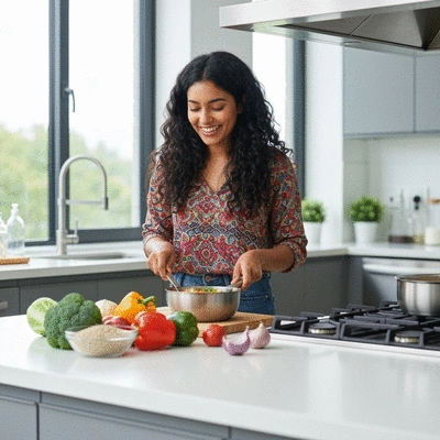 International student cooking a meal in a modern kitchen