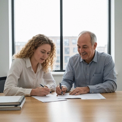 Student consulting with a visa assistance agent, looking at documents on a table
