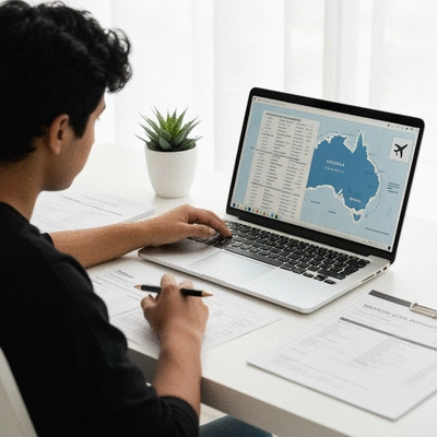 Student planning travel and finances for studying abroad, with a map of Australia and financial documents on a desk.