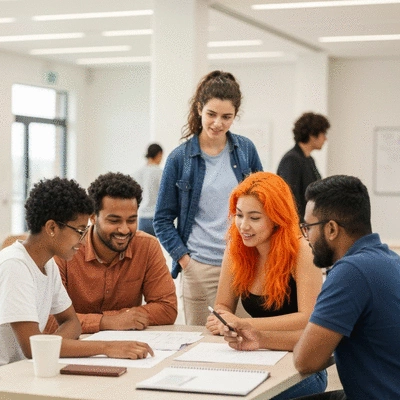 Diverse group of international students studying together in a modern common area, on-campus housing, natural lighting, no text, no words, no typography, clean image