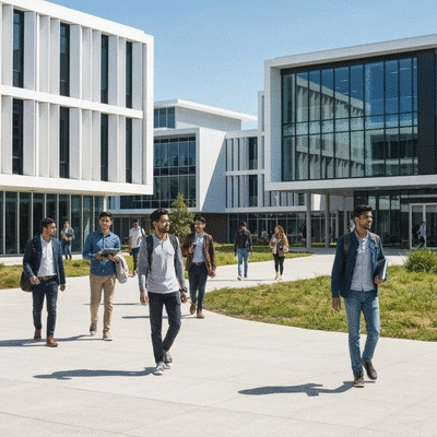 Modern Australian university campus with diverse students walking around, bright sunny day