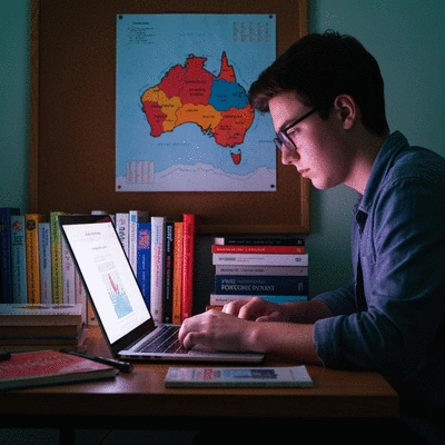 Student researching university options on a laptop, surrounded by books and a map of Australia, vibrant and focused, no text, no words, no typography, 8K, clean image