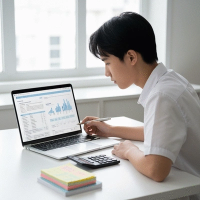 Student reviewing a budget on a laptop, with a calculator and notes beside them, in a clean, brightly lit study space.