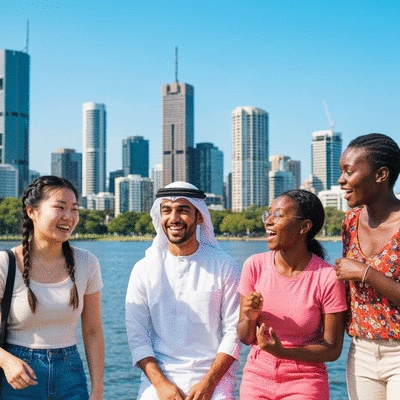 Diverse group of international students enjoying a park in Brisbane