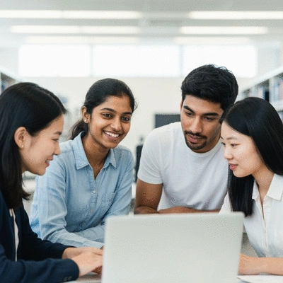 Diverse group of international students collaborating on a project in a modern university library, natural lighting, clean image, no text, no words, no typography, 8K